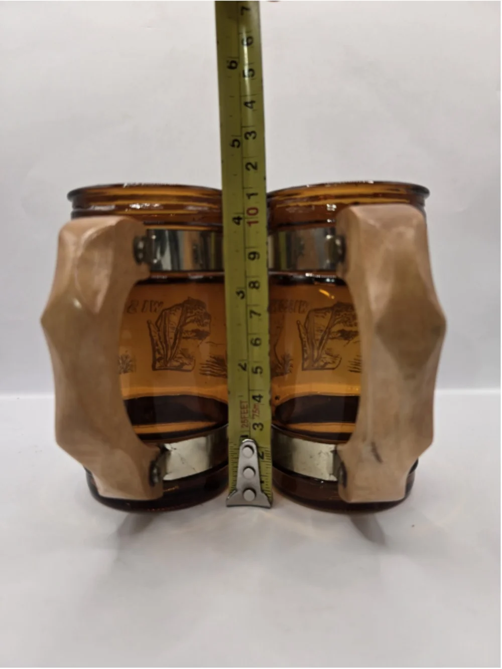 Vintage Set Of 2 Siesta Ware Amber Glass Wood Handle Mug WISCONSIN 4.5in